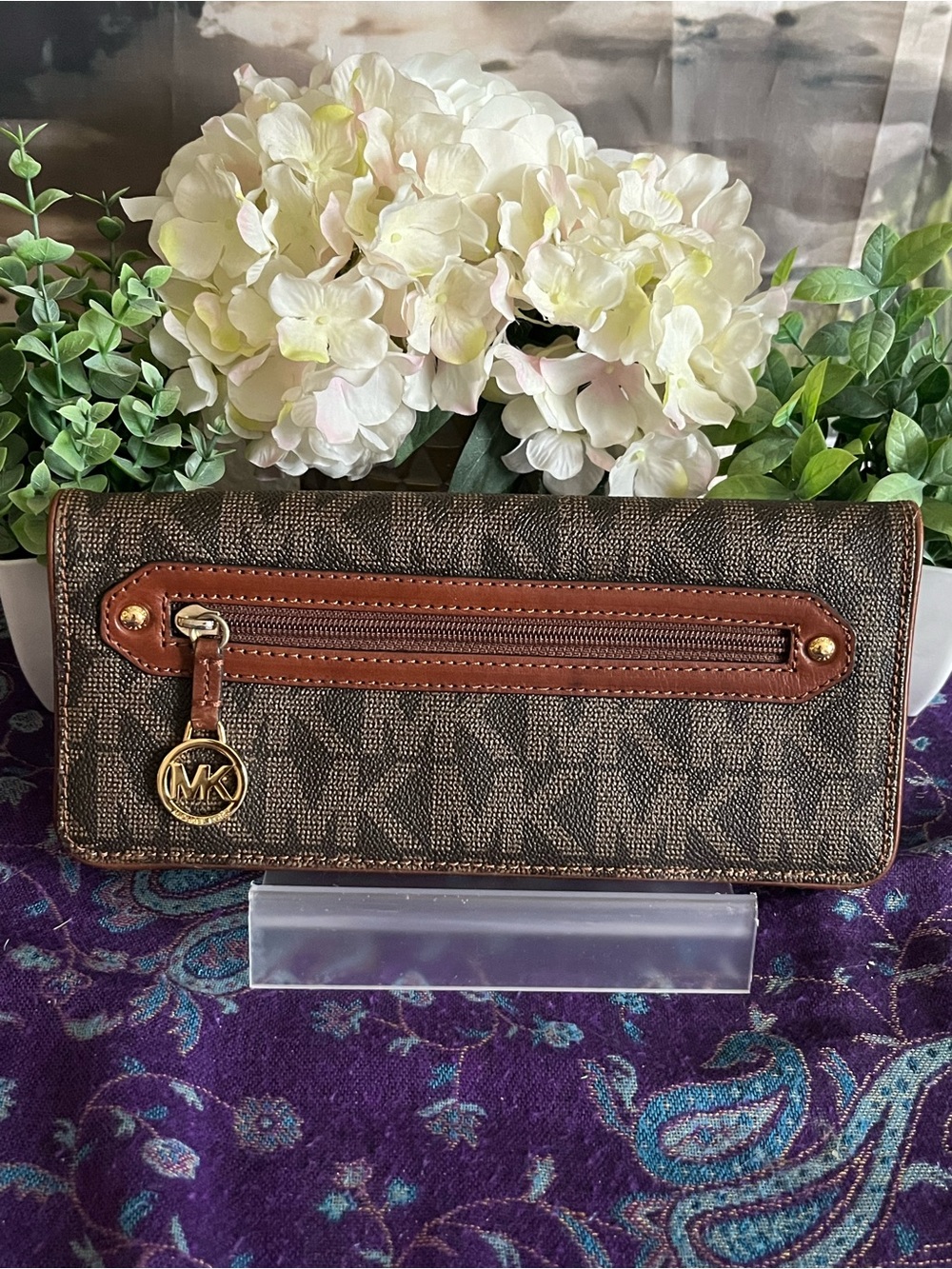 Michael Kors Brown and Tan MK Logo Continental Wallet with Gold Charm